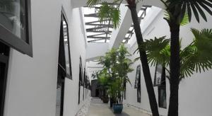 a hallway with palm trees in a white building at IU Hotel Tianjin Fumin Qiao Branch in Tianjin