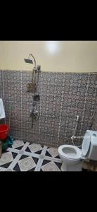 ein Badezimmer mit Toilette und gefliester Wand in der Unterkunft Aswan in Naj‘ al Maḩaţţah