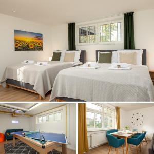 two pictures of a room with two beds and a table at Leipzig Mitte - 2 Parkplätze - Koselig Apartments in Leipzig