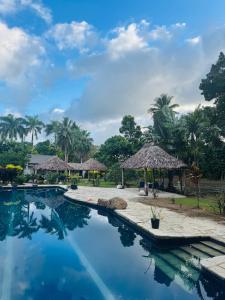 a pool at a resort with palm trees at MIRZ Accomodation in Pacific Harbour