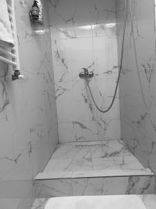 a bathroom with a shower with a bench in it at Bella Home2 in Roşu +5 photos