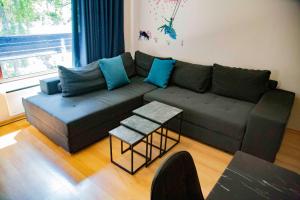 a living room with a couch with blue pillows at Forest Dream Apartment - Elit Pamporovo in Pamporovo +38 photos