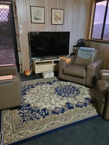 sala de estar con TV, sofá y alfombra en The Shed, en Cooma
