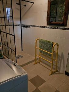 a shower with a bench in a bathroom at The Shed in Cooma +8 photos