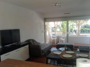ein Wohnzimmer mit einer Couch, einem Fernseher und einem Tisch in der Unterkunft La Sirène, à 250 m de la plage, T2 lumineux avec une terrasse spacieuse de15m² in Saint-Cyprien