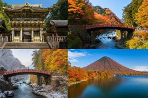 a collage of photos with a bridge and a mountain at 東京雅麗館 in Tokyo