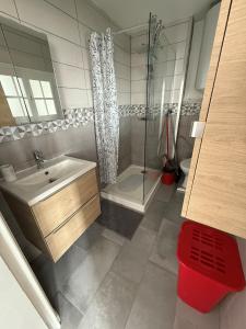 グラヴリーヌにあるAppartement à proximité de la plageの洗面台とシャワー付きのバスルーム