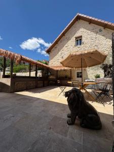 een grote zwarte hond die voor een gebouw zit bij Calme maison de campagne in Cressin-Rochefort