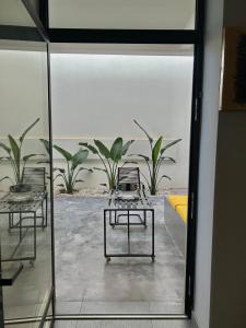 two chairs and tables in a room with plants at SQUARE 45 in Chania Town