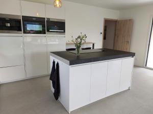 a kitchen with white cabinets and a black counter top at Modern Vosges Getaway in Laveline +47 photos