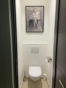 a bathroom with a toilet and a picture on the wall at Apparemment cosy avec balcon plein centre de Cannes - Carla home in Cannes +23 photos