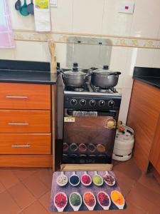 eine Küche mit Herd mit Töpfen und Pfannen in der Unterkunft Shanty Town Homes in Kampala