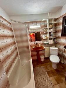 a bathroom with a shower and a toilet and a sink at Kata Home by RentALL in Gheorgheni
