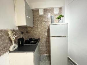 a kitchen with a white refrigerator and a sink at Edgware Road Beautiful Family Apartment in London +7 photos