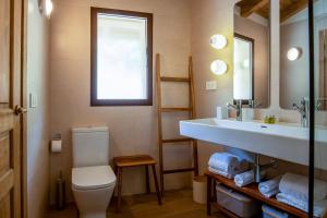 a bathroom with a sink and a toilet and a mirror at Casa Rural La Garza y la Paloma in Navaconcejo +30 photos