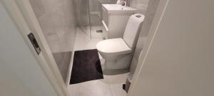 a bathroom with a white toilet and a sink at Modern apartment near Volvo Cars in Torslanda
