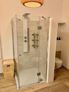 una ducha con puerta de cristal en una habitación en The Wurmstein House - Contemporary Mountain Home, en Bad Goisern 51 fotos más