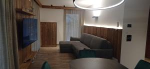 een woonkamer met een bank en een tv bij Chalet Radola in Campitello di Fassa
