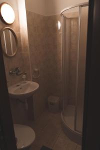 a bathroom with a sink and a shower and a toilet at Vila Anobis in Nové Hamry +37 photos