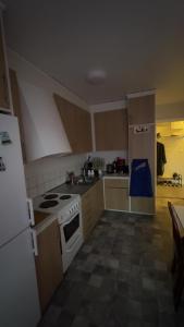 a kitchen with a white stove and a refrigerator at Farostrand in Klintehamn