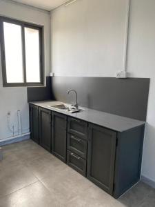 an empty kitchen with a sink and a counter at Epic Lodge in Trou aux Biches