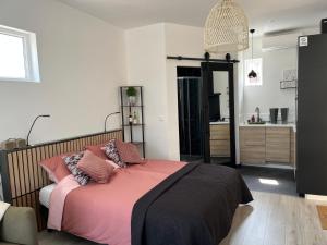 ein Schlafzimmer mit einem großen Bett mit rosa Bettwäsche in der Unterkunft Schie2Be in Schiedam