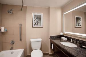 a bathroom with a toilet and a sink and a mirror at Crowne Plaza Hotel Los Angeles Harbor, an IHG Hotel in San Pedro
