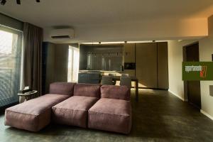 a living room with a couch and a kitchen at Appartamento N in Iaşi