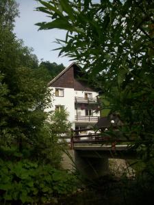 una casa en un puente sobre un río con árboles en Vila Doina Branului, en Bran