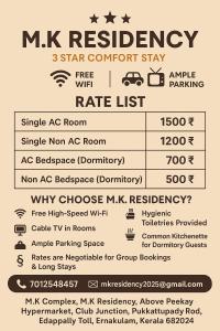 Un menú para una estancia confortable con estrellas de mk reency en M k residency, en Ernakulam