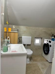 a bathroom with a toilet and a washing machine at Sanlej Apartman in Tuzla +12 photos