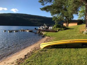 un barco amarillo sentado en la orilla de un lago en View of Telemarkskanalen, en Kviteseid