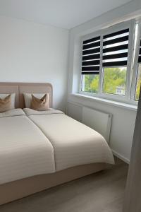 a white bedroom with a bed and two windows at Feliz Stay in Šiauliai