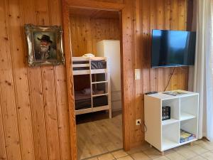 a room with a mirror and a tv on a wall at Modernes Top Apartment mitten im Bayerischen Wald + WLAN kostenfrei in Schöfweg