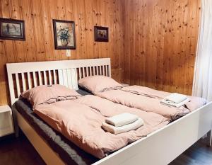 two beds in a bedroom with wood paneling at Modernes Top Apartment mitten im Bayerischen Wald + WLAN kostenfrei in Schöfweg