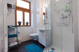 La salle de bains est pourvue d'une douche et de toilettes. dans l'établissement George Apartment, à Zagreb