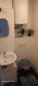 a small bathroom with a sink and a toilet at Wohnung Mia in Sangerhausen