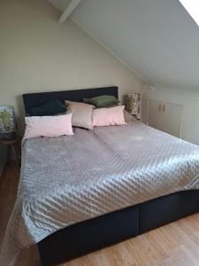 a bedroom with a large bed with pink pillows at Sleep at Hamtingh's aan de Vrijthof in Hilvarenbeek