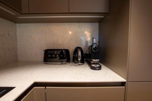 eine Küchentheke mit einem Toaster und einem Toaster darauf in der Unterkunft Antares Ursa 201 in Méribel + 19 Fotos