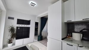 a kitchen with white cabinets and a fireplace at Apartament Ovidiu in Horpaz