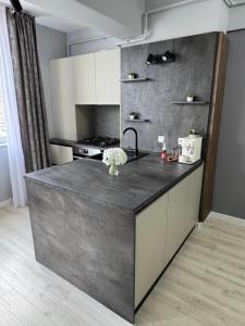 a kitchen with a counter top in a room at Apartament modern 2 camere, Parcul Zăvoi in Râmnicu Vâlcea