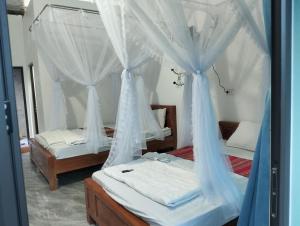 two beds in a room with mosquito nets at Homestay Hoanh Thắng in Lũng Tiềm