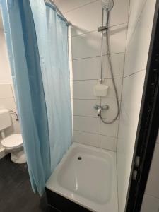 a bathroom with a shower and a toilet at Geräumige Zimmer in zentraler Lage in Prisdorf