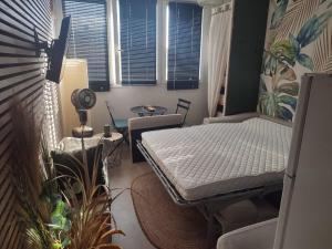 a room with a bed and a table and windows at STUDIO à SAINT-DENIS DE LA REUNION in Saint-Denis