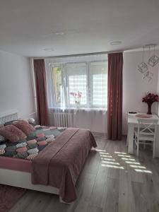 a bedroom with a bed and a table and a window at Apartament Premium Tarnów 2 in Tarnów