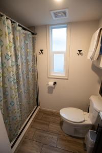 グローブランドにあるTiny House Yosemiteのトイレとシャワーカーテン付きのバスルーム