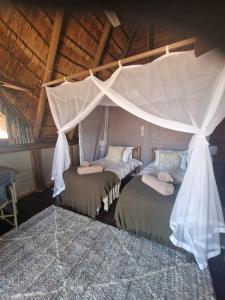 a bedroom with two beds and a canopy at Tsakane Safari Camp in Hoedspruit