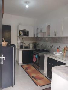 eine Küche mit Herd und Küchenvorleger in der Unterkunft Sere Cozy Home in Wundanyi