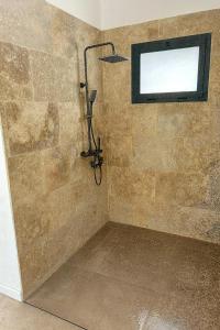 a shower in a room with a window at Palma Roja Lodge in Cilaos