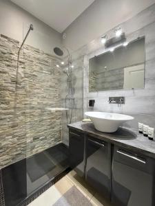 a bathroom with a sink and a shower at T2 moderne avec jardin à 15 min de Lyon in Oullins +24 photos